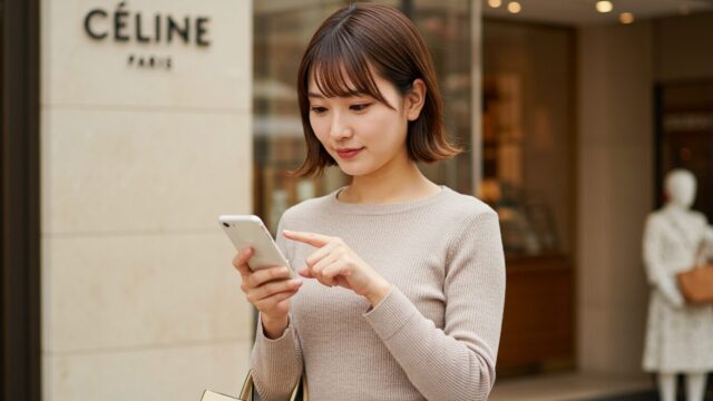 A Japanese woman in her 30s who loves Celine checks directions and opening hours on her smartphone